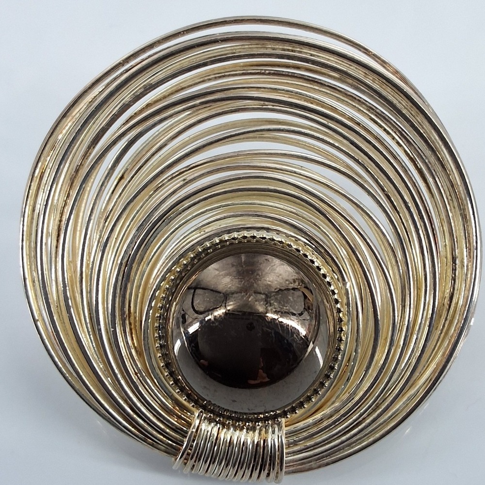 Vintage 80s Gold Tone Modernist Spiral Wire Nest Brooch Hematite Cabochon‎